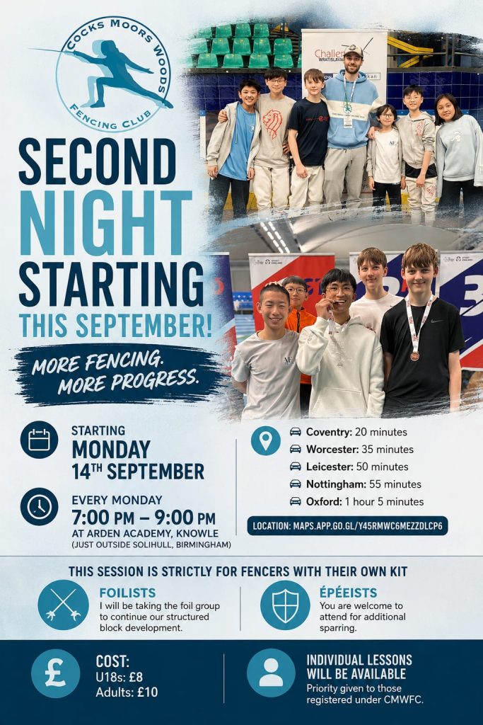 CMW Fencing Club second night at Arden Academy, Knowle, Solihull 7pm-9pm Monday weekly. Experienced fencers only.